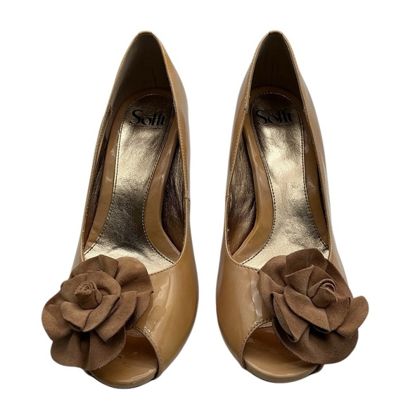 SOFFT  Gijon  PATENT LEATHER  Peep Toe Pump  10M  tan nude - Picture 1 of 8